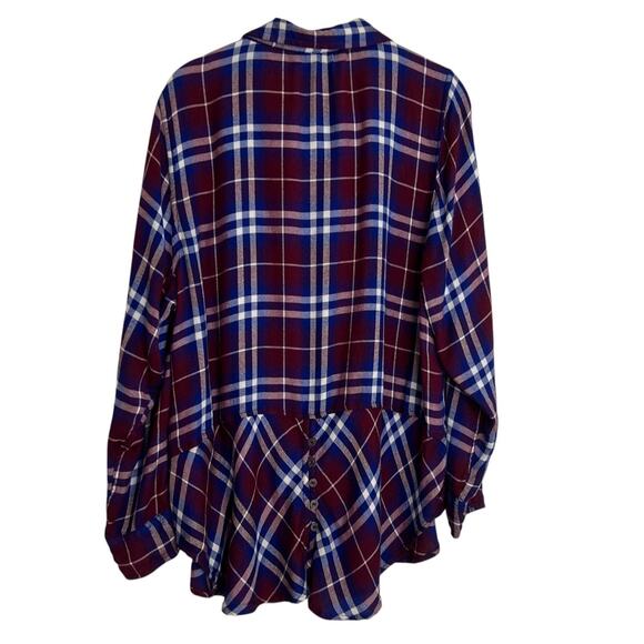 Lucky Brand Womens Flannel Shirt 1X Burgundy Blue Plaid Button Back Peplum Hem - Picture 3 of 7